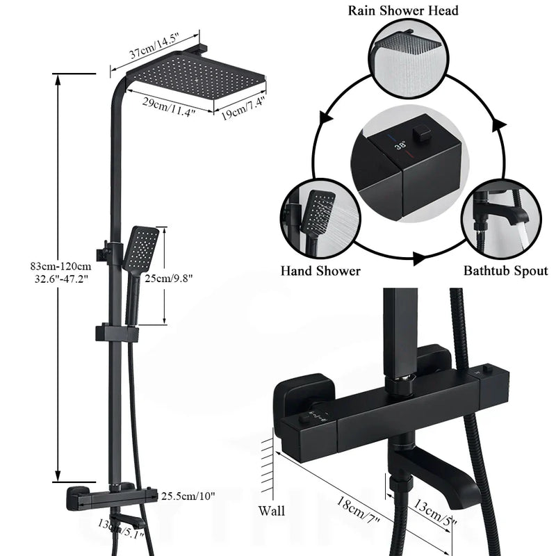 Afralia™ Thermostatic Shower Faucet Set with Rainfall Head - Wall Mounted Bathtub Mixer Tap