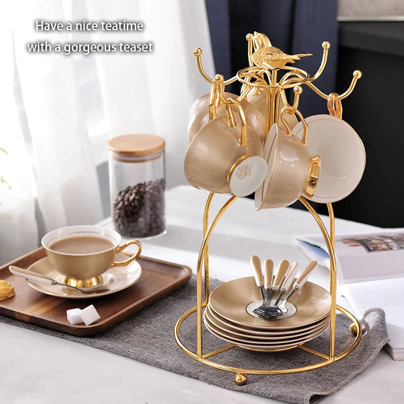 Afralia™ Luxury Gold Bone China Coffee Tea Set Porcelain Drinkware Cup Pot Teapot Creamer