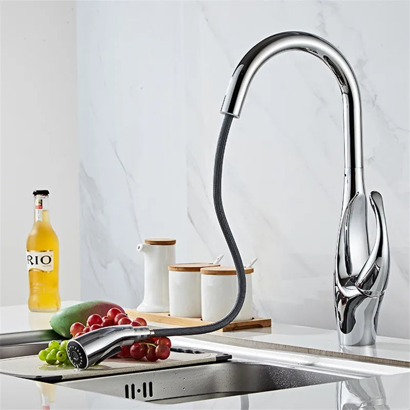 Afralia™ Nickel Kitchen Faucet: Chrome Pull Out Sink Tap, Single Hole Rotating Mixer