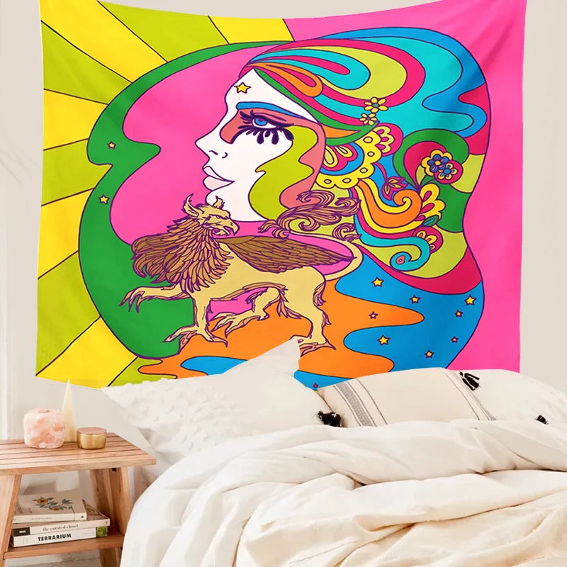 Afralia™ Mushroom Girl Tapestry: Retro Bohemian Wall Hanging Decor Tapestries Hippie Style