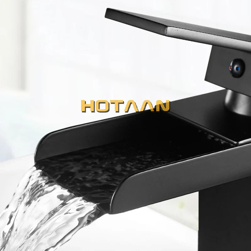 Afralia™ Black Plated Brass Waterfall Bathroom Basin Faucet Mixer Square Vanity Sink