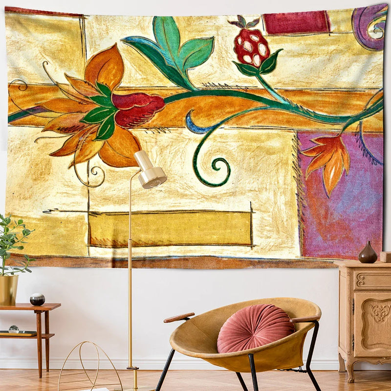 Yellow Flowers Ink Tapestry Wall Mount Bohemian Style by Afralia™ - Mandala Witchcraft Decor