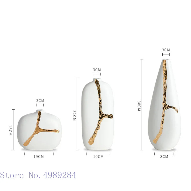 Afralia™ White Ceramic Vase with Golden Branches Flower Arrangement for Modern Home Decor