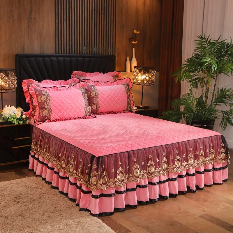 Afralia™ Crystal Velvet Bedspread Set with Super Soft Quilting & Lace Bedskirt