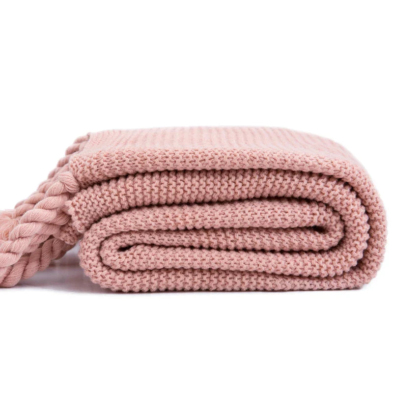 Afralia™ Knit Throw Blanket Ivory Pink Solid Soft Plaid Tassels 50"x62"