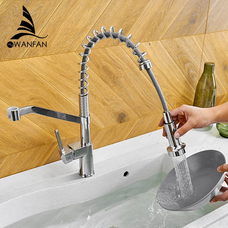 Afralia™ Modern Black & Brass Kitchen Faucet Pull Out Swivel Spout Mixer Tap 9013RSN