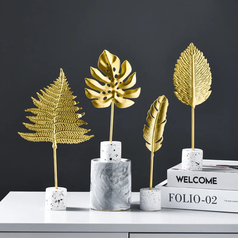 Afralia™ Gold Leaf Decorations on Marble Base - Creative Metal Crafts for Home Decor