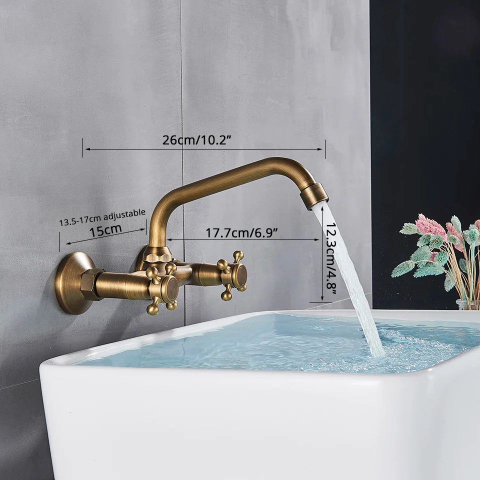Afralia™ Swivel Spout Antique Brass Wall Mounted Kitchen Faucet Mixer Tap