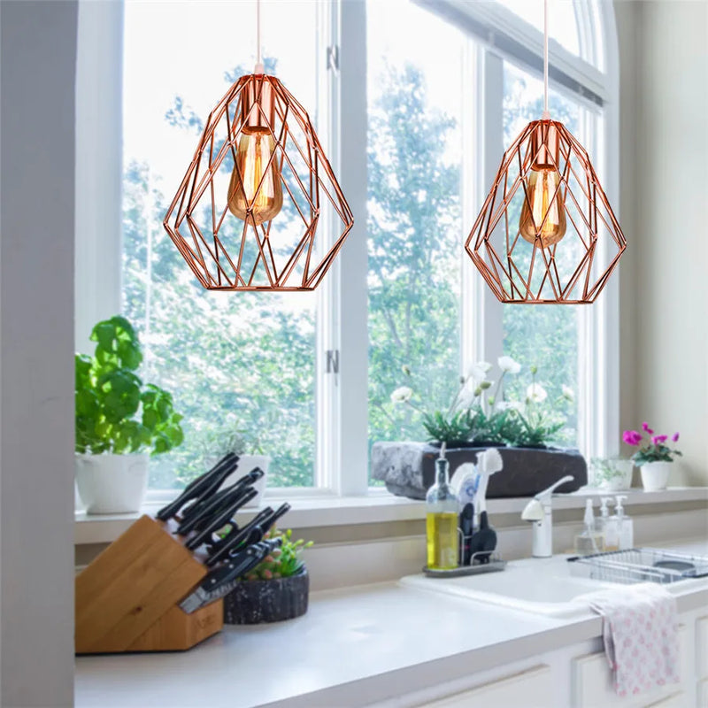 Afralia™ Rose Gold Iron Cage Pendant Light: Modern Hanging Lamp for Kitchen and Living Room