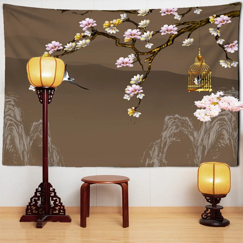 Afralia™ Peach Blossom Birdcage Lotus Tapestry Wall Hanging