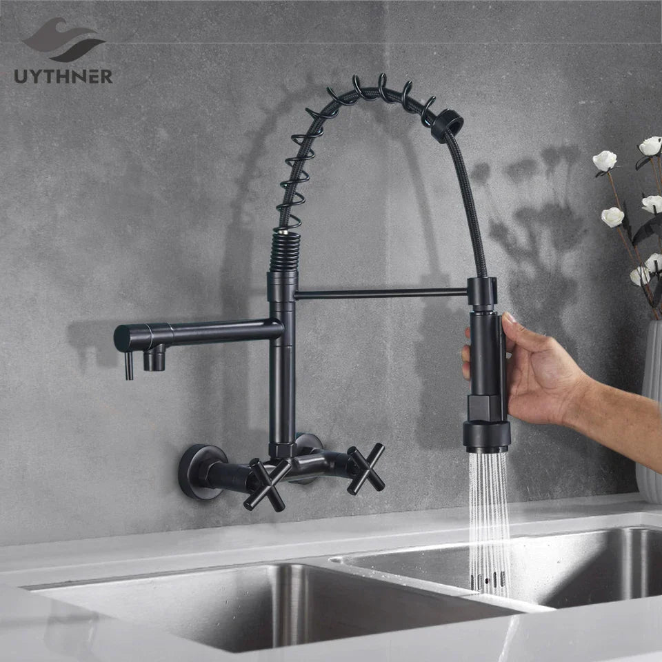 Afralia™ Black Kitchen Faucet Wall Mounted Dual Swivel Spouts Vessel Sink Mixer Tap
