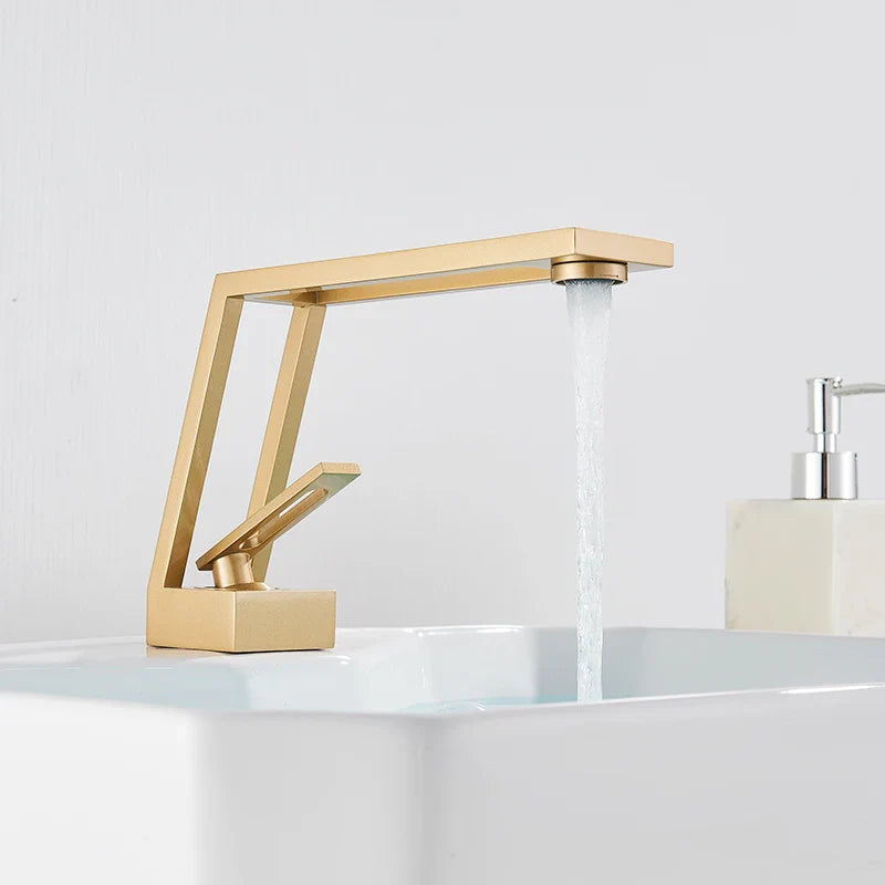 Afralia™ Square Brushed Gold Basin Faucet with Hollow-Carved Design