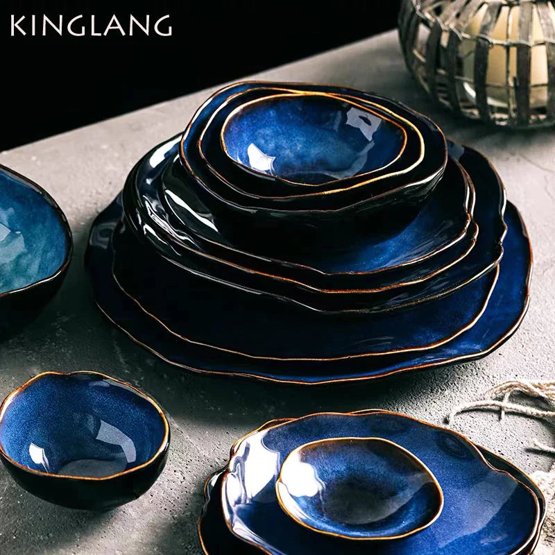 Afralia™ Irregular Shape Ceramic Dinner Set - Blue Color - Eco-Friendly Bowls - KL-265