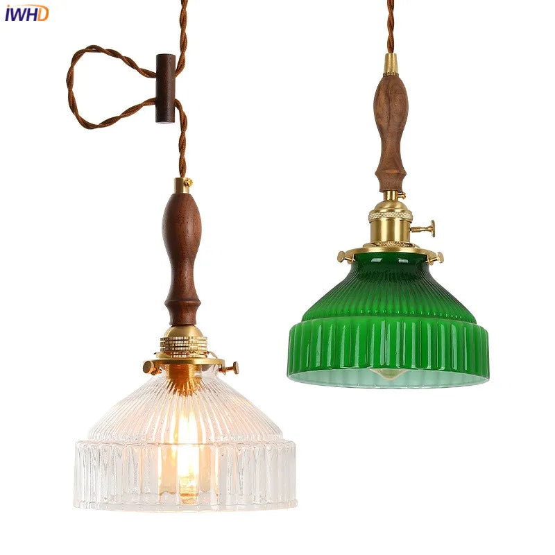 Afralia™ Modern Nordic Green Glass LED Pendant Light with Wood Hangle