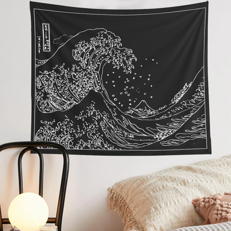 Afralia™ Kanagawa Wave Black White Tapestry Japanese Surfing Vintage Art Wall Hanging