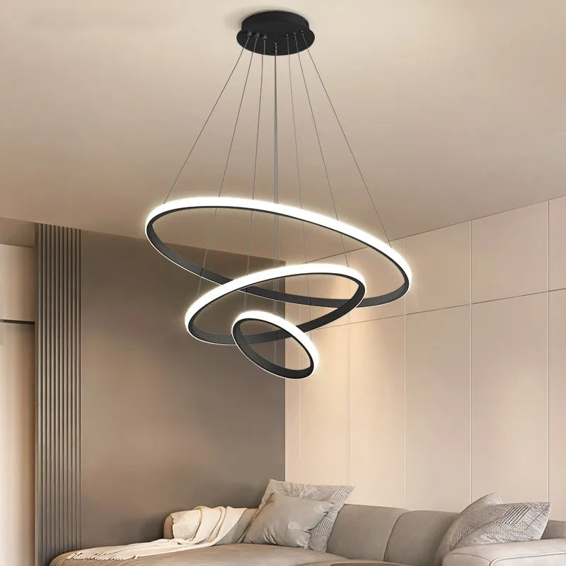 Afralia™ Black Ring LED Pendant Chandelier for Living Room, Dining Room, Kitchen