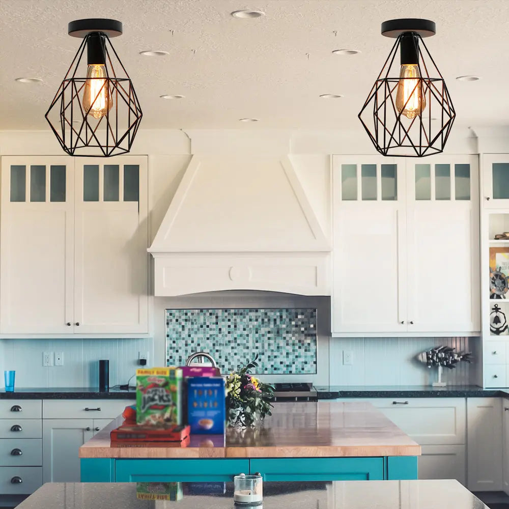 Afralia™ Iron Cage Chandelier Loft Ceiling Light for Kitchen Bedroom Living Room