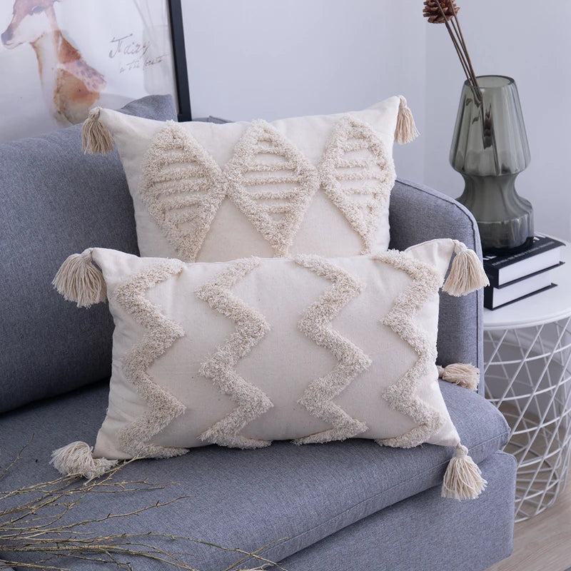 Afralia™ Beige Tassels Cushion Cover, Handmade Square Home Decoration for Living Room