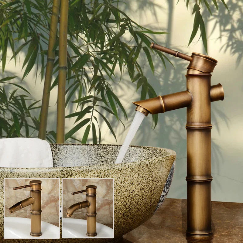 Afralia™ Antique Brass Bamboo Basin Faucet Single Handle Hot Cold Water Tap