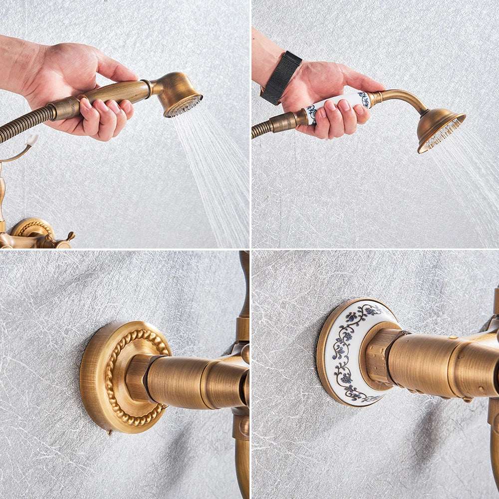 Afralia™ Brass Antique Tub Faucet with Long Spout, Rotate Handle and Handshower
