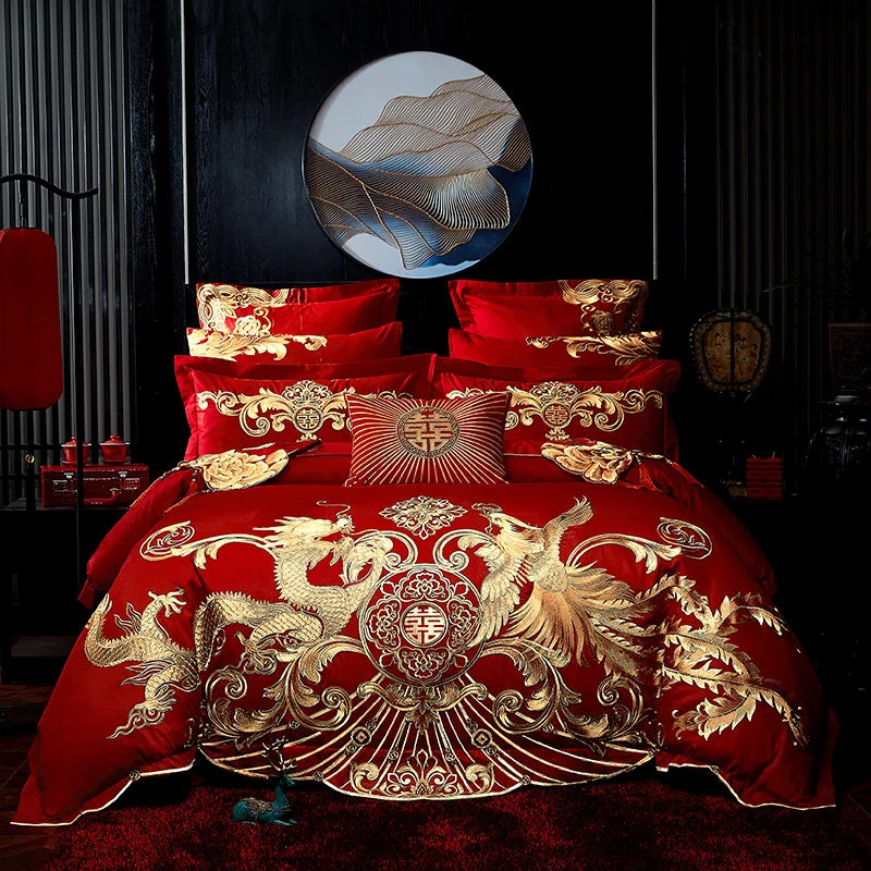 Afralia™ Red Chinese Wedding Gold Phoenix Embroidery Bedding Set, 100% Cotton