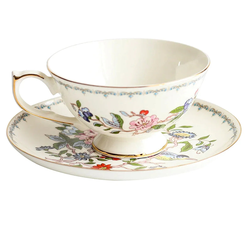 Afralia™ Bone China Tea Cup Set, Flowers Teacup & Snack Dish for Office Drinkware