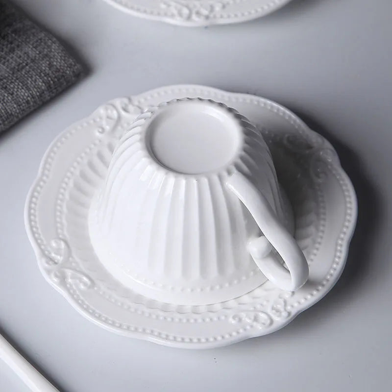 Afralia™ Ceramic Coffee Cup and Saucer Spoon Set - European Style Relief Design