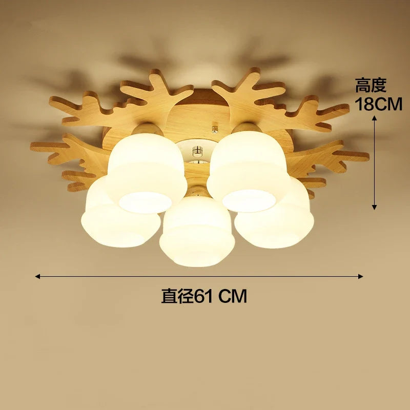 Afralia™ Nordic Wood Antlers Glass Chandelier - Modern Industrial Living Room Ceiling Light
