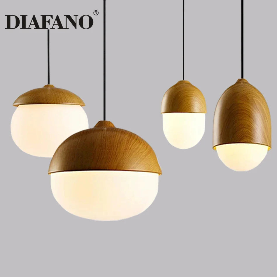 Afralia™ Wood Grain Glass Iron Pendant Lamp for Coffee Dining Club Kitchen