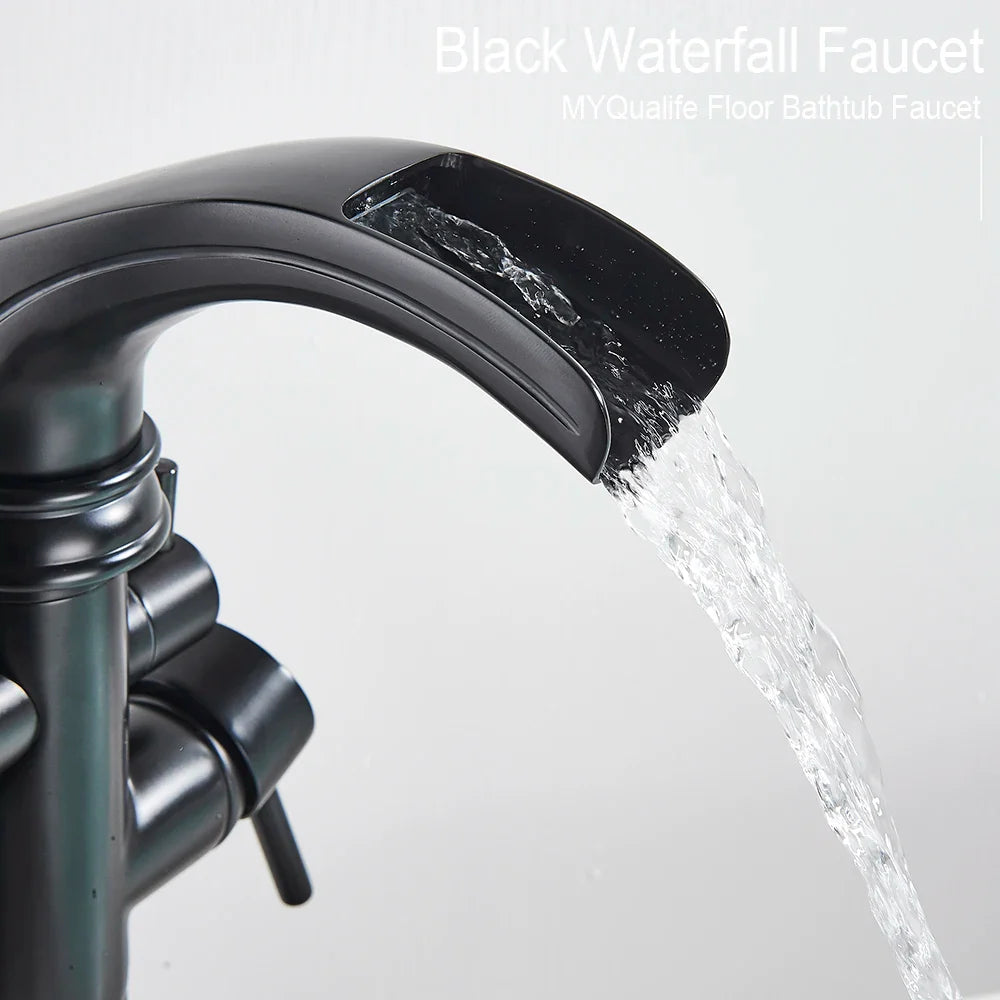 Afralia™ Matte Black Floorstanding Dual Handle Tub Faucet Swivel Spout Floor Mounted Mixer
