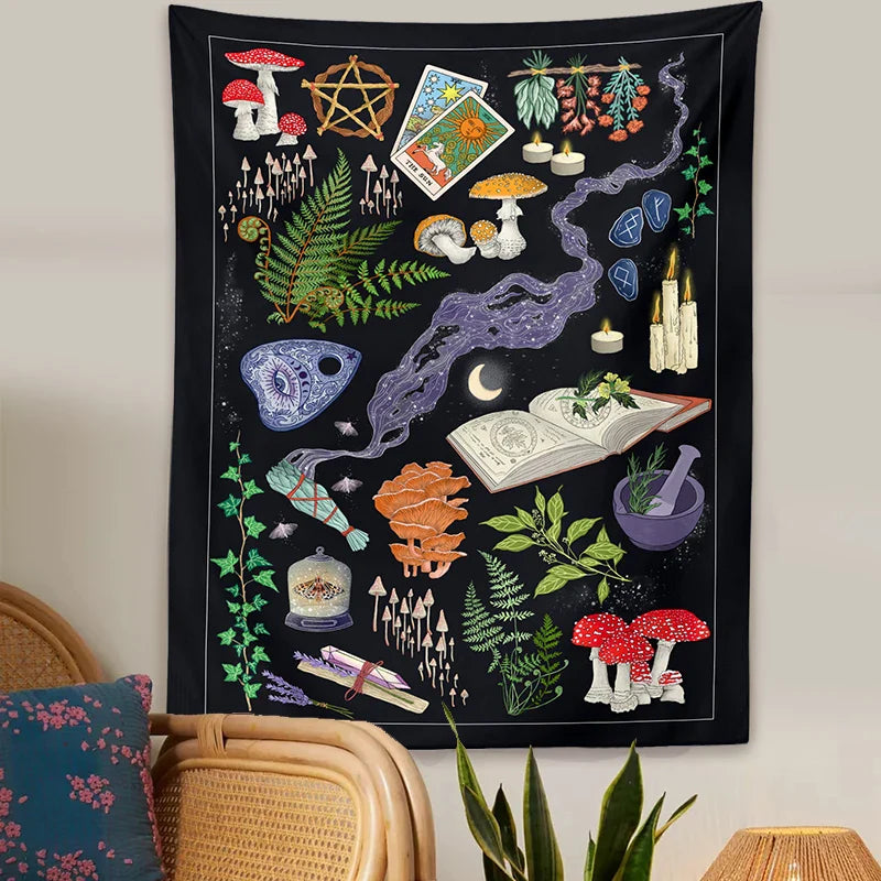 Afralia™ Tarot Mushrooms Moon Starry Botanical Hippie Boho Tapestry Wall Hanging