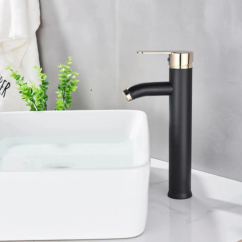 Afralia™ Black Golden Single Handle Bathroom Basin Faucet for Deck Mount Vessel Sink