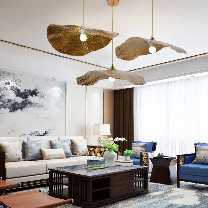 Afralia™ Golden Iron Lotus Leaf Chandelier for Coffee Shop Restaurant Bedroom