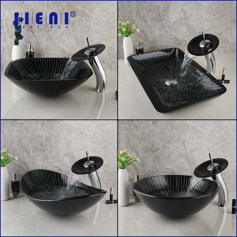 Afralia™ Black Glass Bathroom Sink Set with Hand Painted Design & Waterfall Faucet