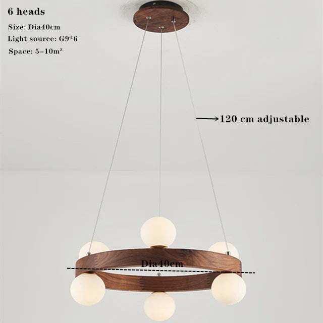 Afralia™ Round Glass Solid Wood Walnut Chandelier, Elegant Pendant Light for Living Dining Bedroom