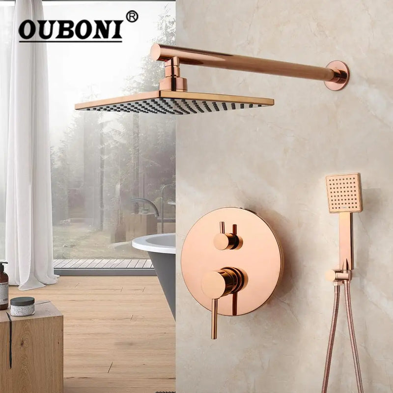 Afralia™ Rose Gold Shower Faucet Set with Rainfall Head & Hand Shower