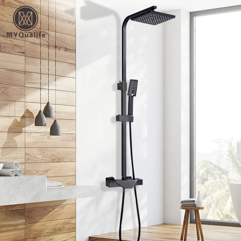 Afralia™ Matte Black Rainfall Shower & Bathtub Faucet Set with Thermostatic Mixer
