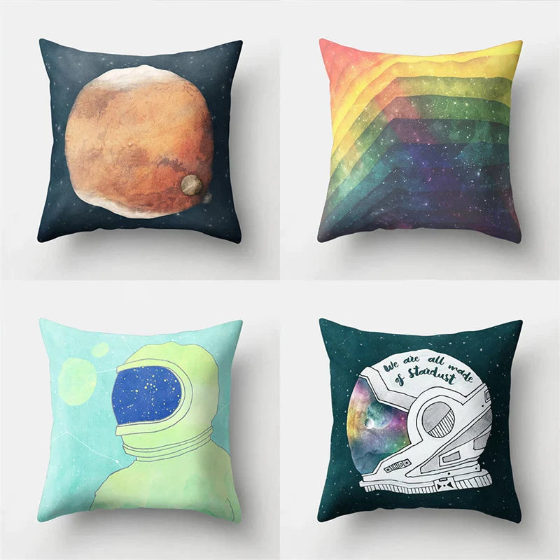 Afralia™ Cartoon Planet Astronaut Moon Rocket Pillow Case 45x45cm Square Cushion Cover