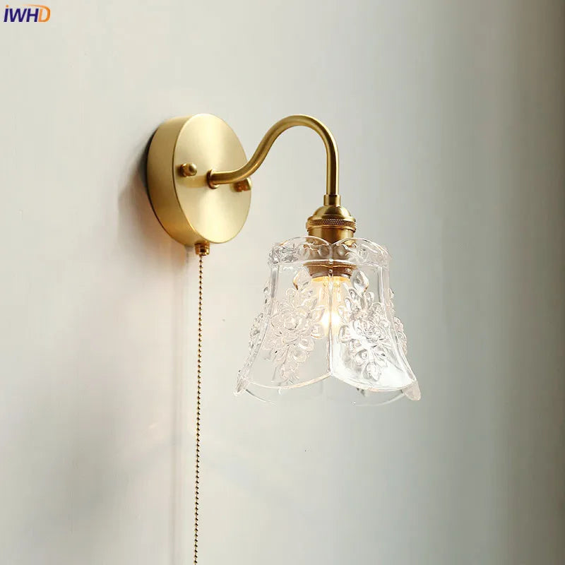 Afralia™ Glass LED Bathroom Mirror Light Pull Chain Copper Wall Sconce