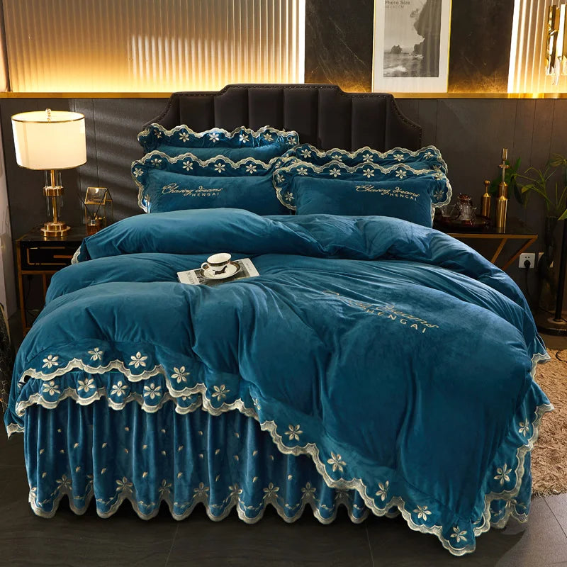 Afralia™ Velvet Bedding Set with Gold Embroidery & Ruffles
