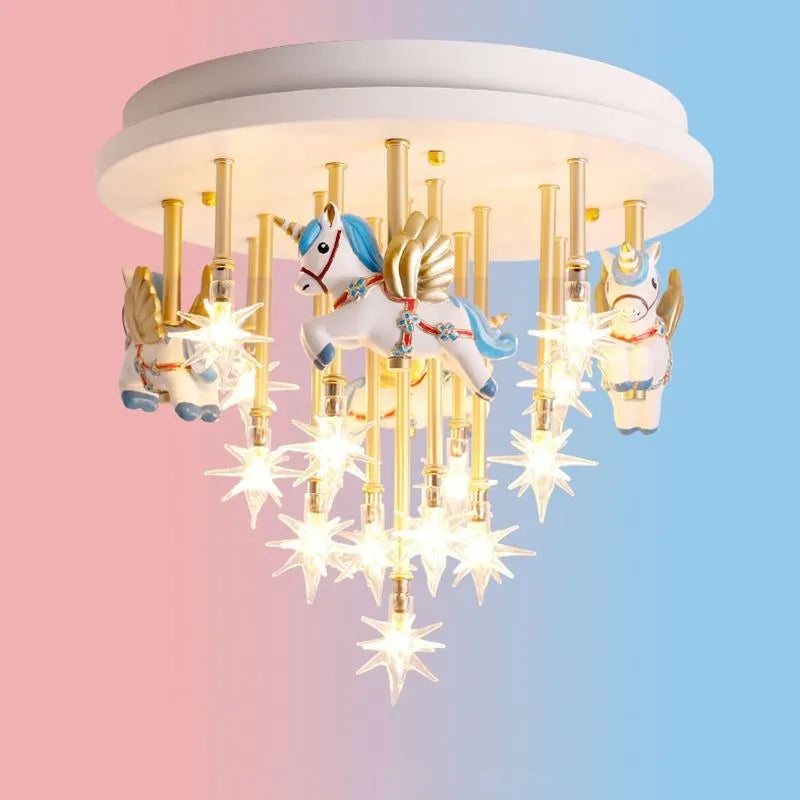 Afralia™ Kids Resin Horse Paper Crane Ceiling Light - Blue Pink LED Bedroom Lamp