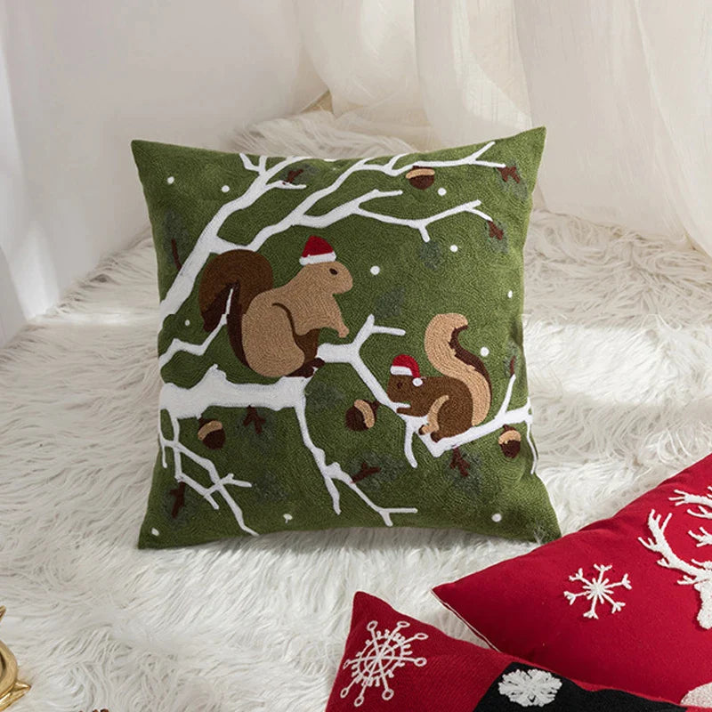 Afralia™ Christmas Embroidered Cushion Cover 45x45cm - Red Green Santa Snowflake Deer Snowman