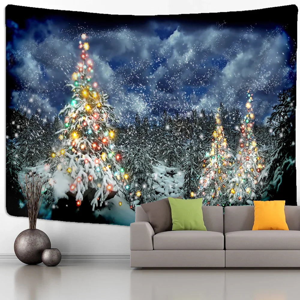 Afralia™ Christmas Tree Snowman Tapestry - Natural Snow Scene Oil Painting Hippie Decor
