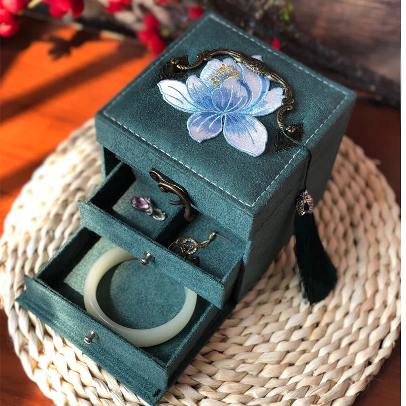 Afralia™ Three-Layer Floral Embroidery Jewelry Organizer & Makeup Box