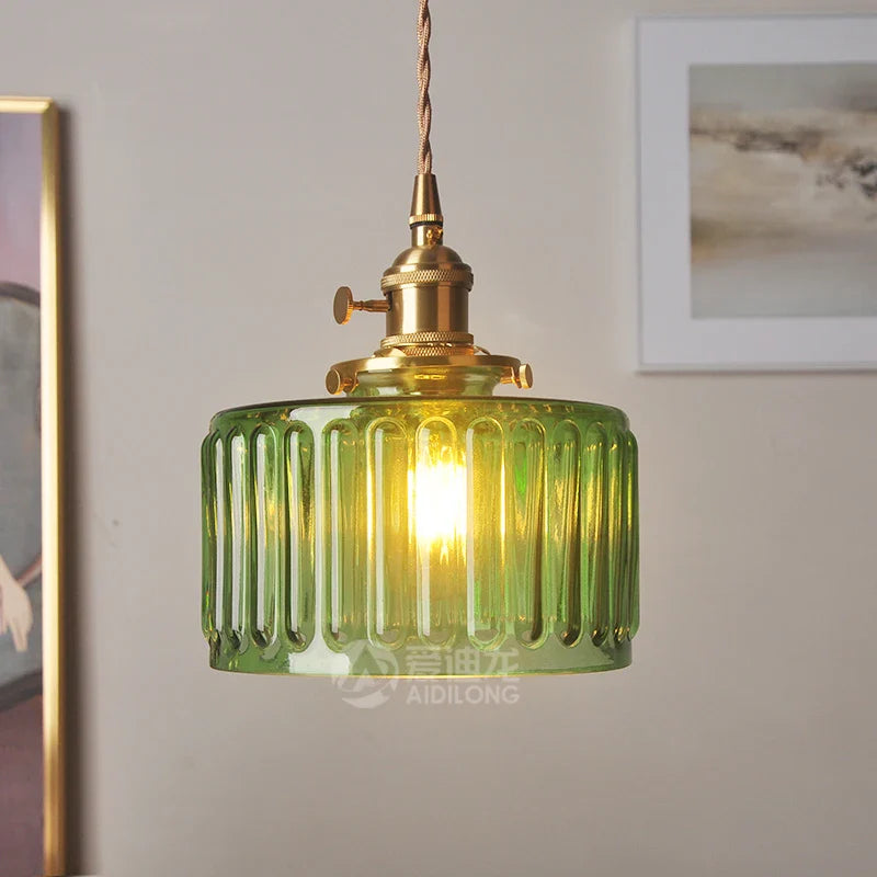 Afralia™ Green Glass Pendant Light Switch Bar Bedroom Copper Hanging Lamp