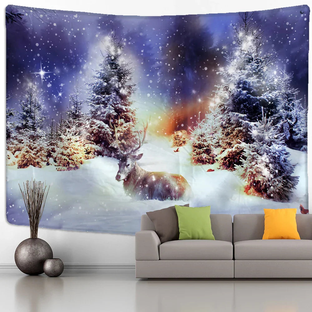 Afralia™ Christmas Tree Snowman Tapestry - Natural Snow Scene Oil Painting Hippie Decor