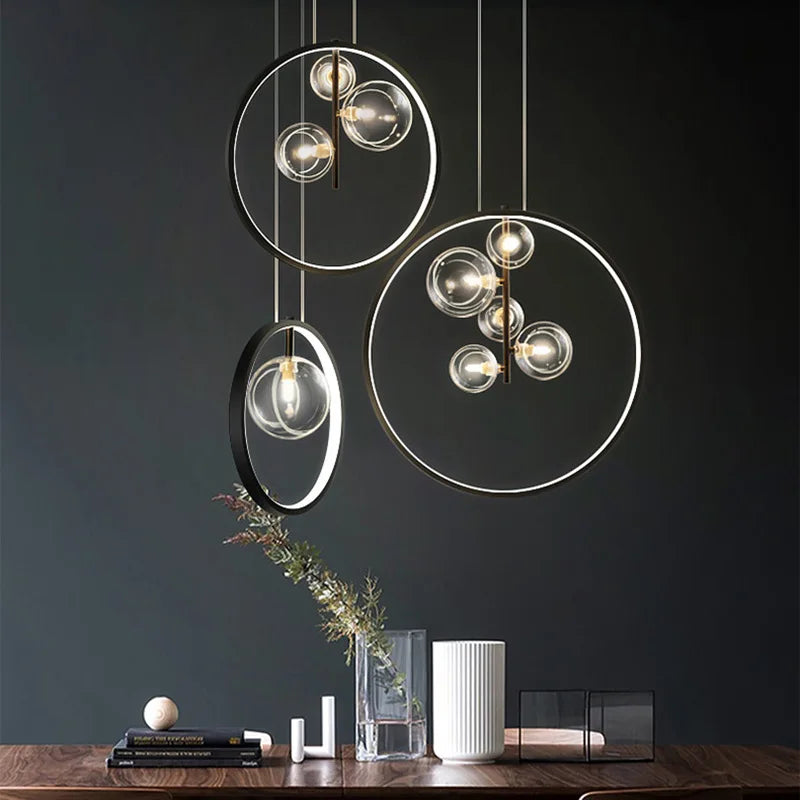 Afralia™ Nordic Metal Ring Glass Pendant Light for Home Interior Decoration