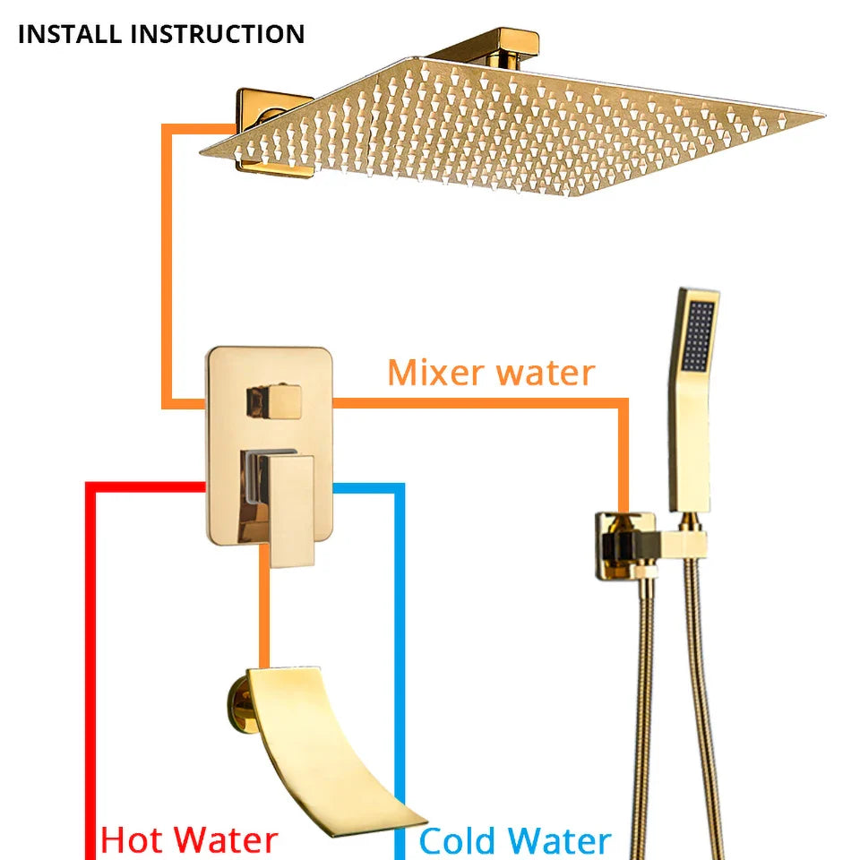 Afralia™ Gold Rainfall Shower System with Wall Mount Mixer Tap Set
