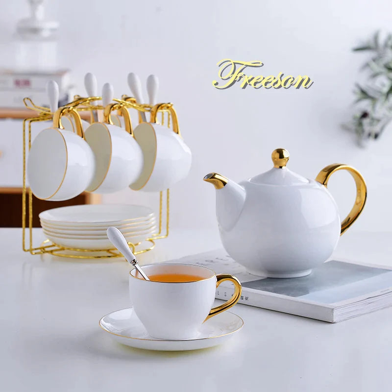 Afralia™ Elegant Bone China Tea Set | Porcelain Teacup & Teapot Set White Gold