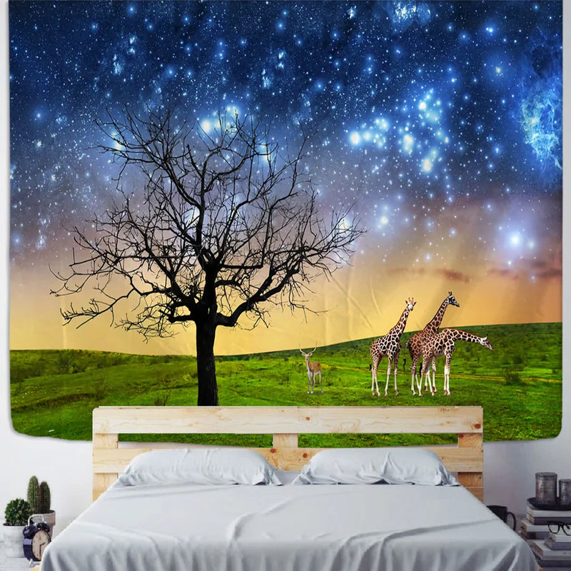 Afralia™ Starry Sky Deer Tapestry Wall Hanging Night View Home Decor
